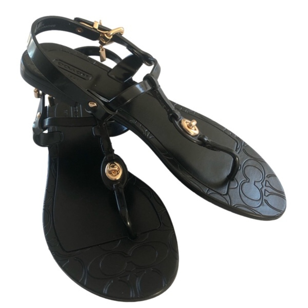 Like New Coach Black Logo Jelly T Strap Flat Sandals - Size 7B